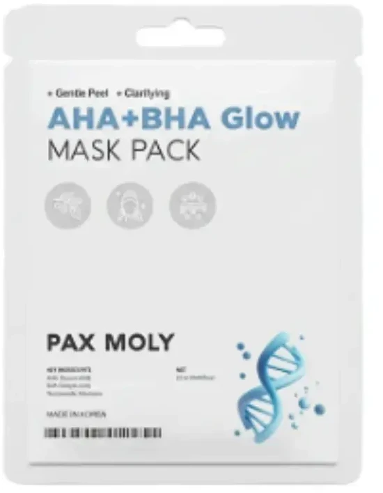 PaxMoly AHA + BHA šviečianti lakštinė veido kaukė dienai ir nakčiai, 25 ml