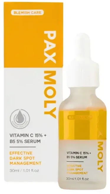 PaxMoly Effective Dark Spot Management 15% Vitamina C + 5% B5 Brightening & Hydrating Day & Night Serum For Face, 30 ml