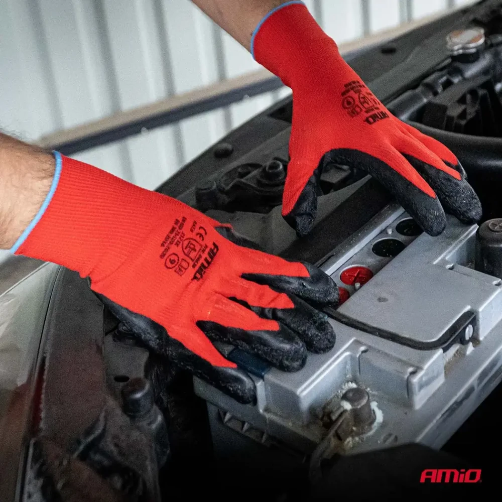 Lateksu dengtos poliesterio apsauginės pirštinės, 11 dydis, 2121x, 4 vnt. amio-04638