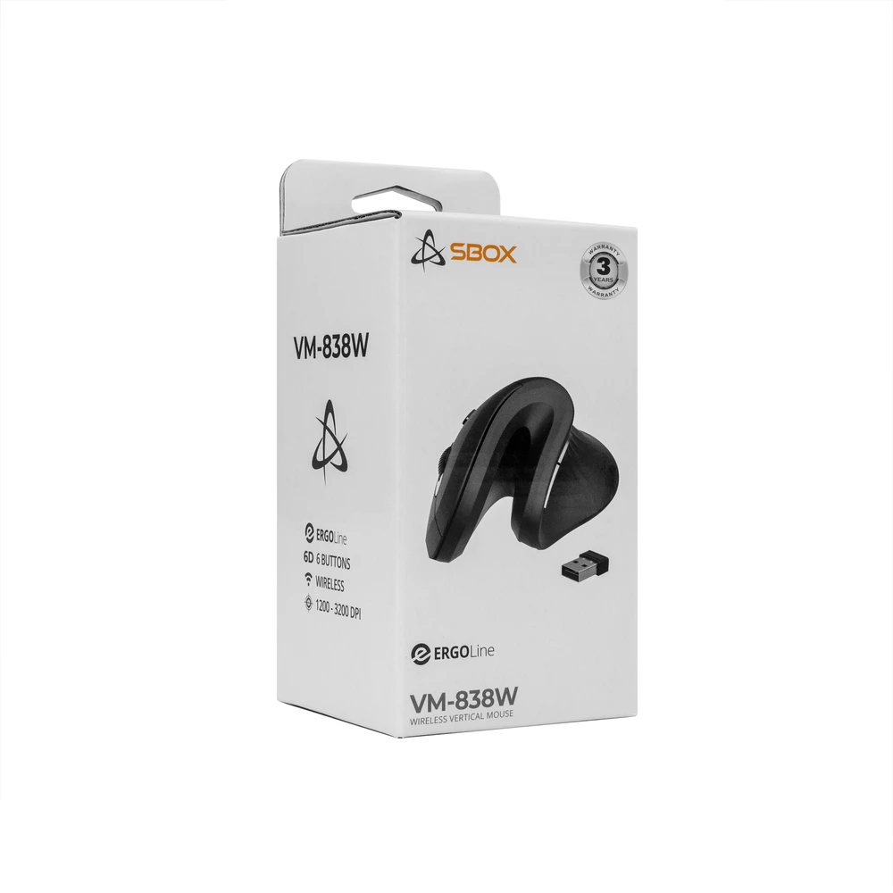 SBOX Vertical belaidė optinė pelė, 1200-3200 DPI, 6D, Juodas (WM-838W-B)