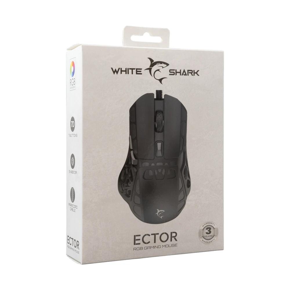 Pelė White Shark Myszka žaidimams Baltas Shark Ector GM-5016 su laidu 12400 dpi optinė juoda