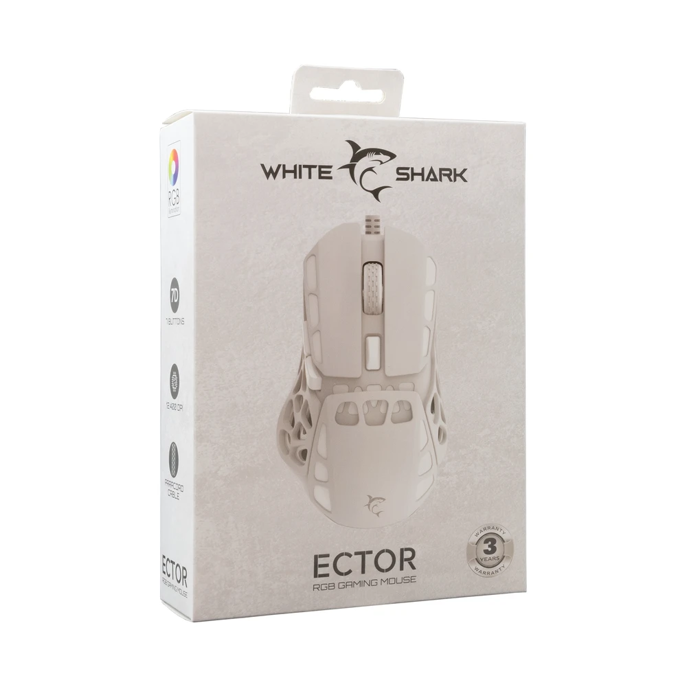Pelė White Shark Myszka žaidimams Baltas Shark Ector GM-5016 su laidu 12400 dpi optinė balta