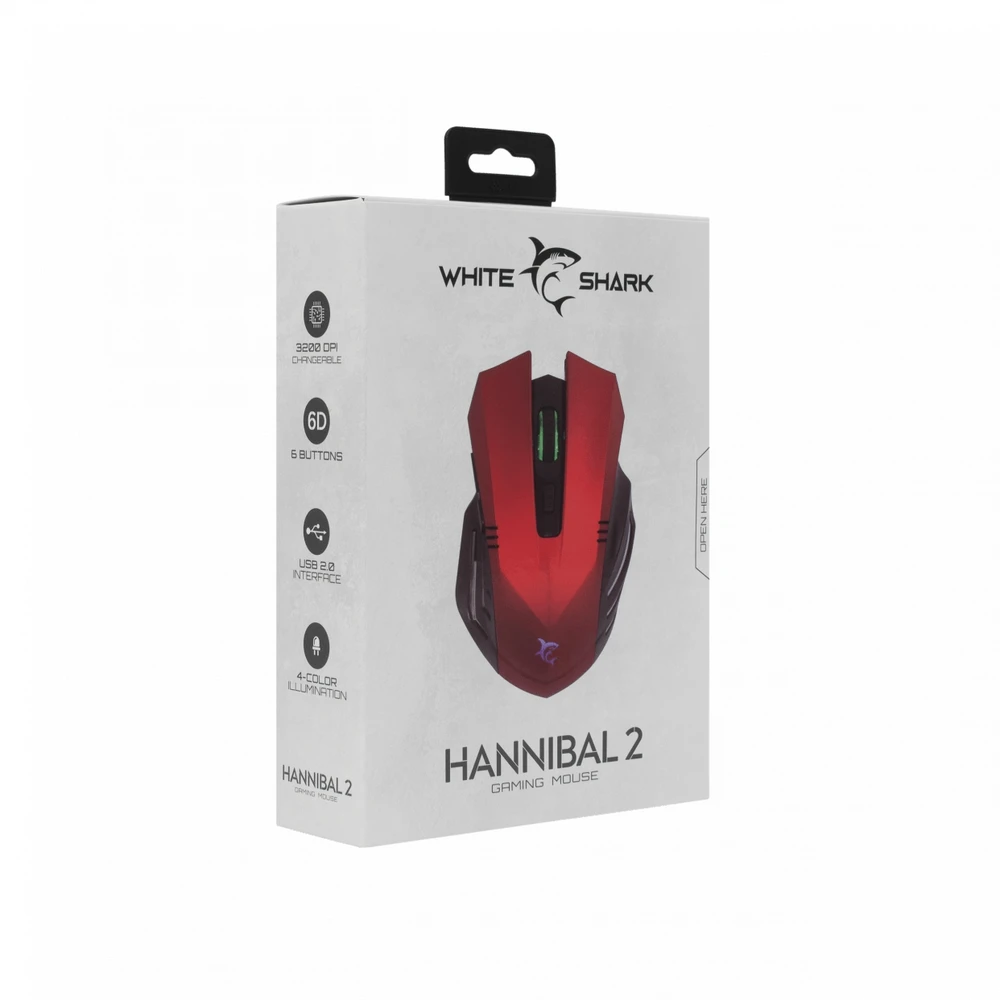 Žaidimų pelė White Shark Hannibal 2, su pašvietimu, 6 mygtukai, Raudona