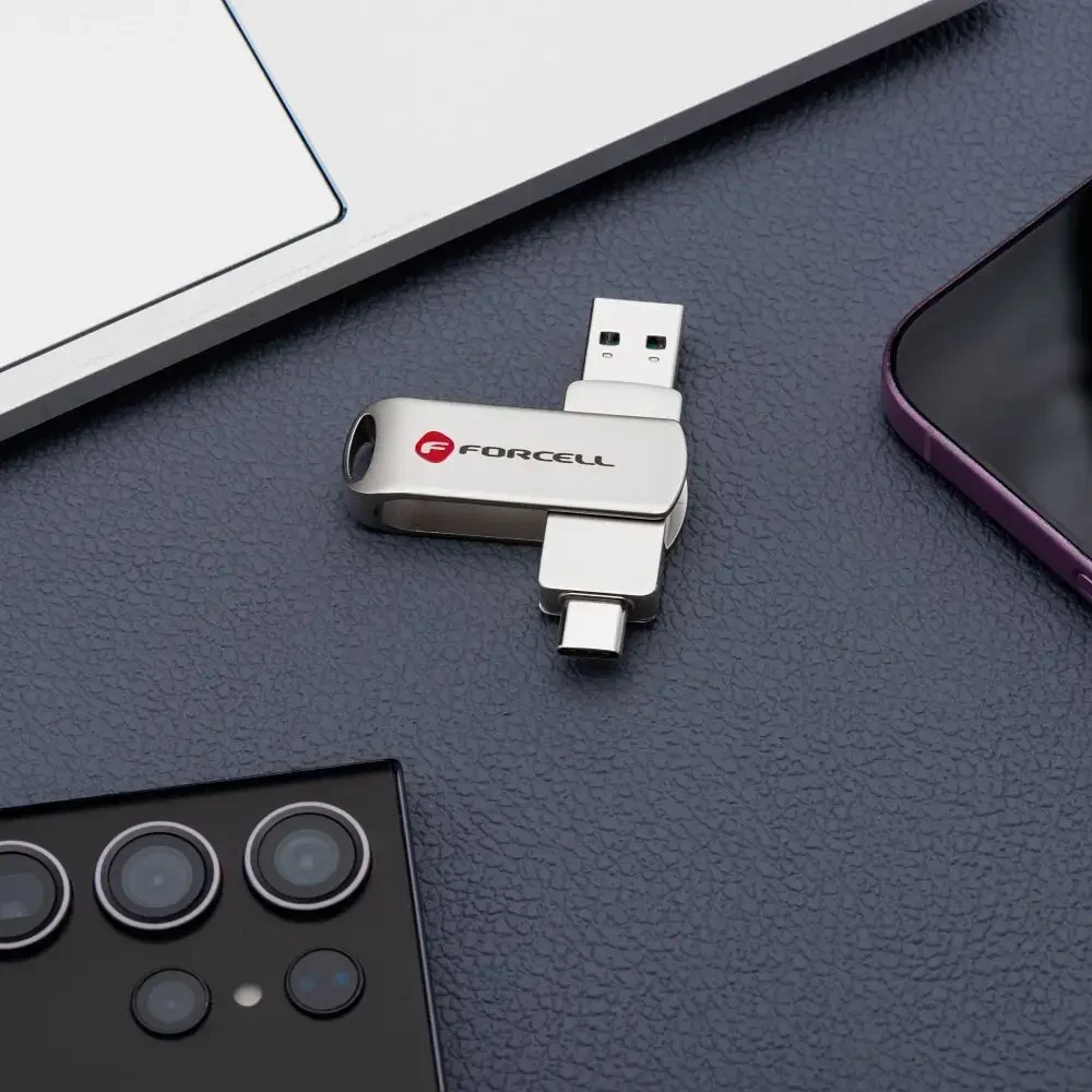 Pendrive 128GB USB 3.2 Gen 1 (USB A / USB C) Forcell F-Data Metal Duo sidabrinis