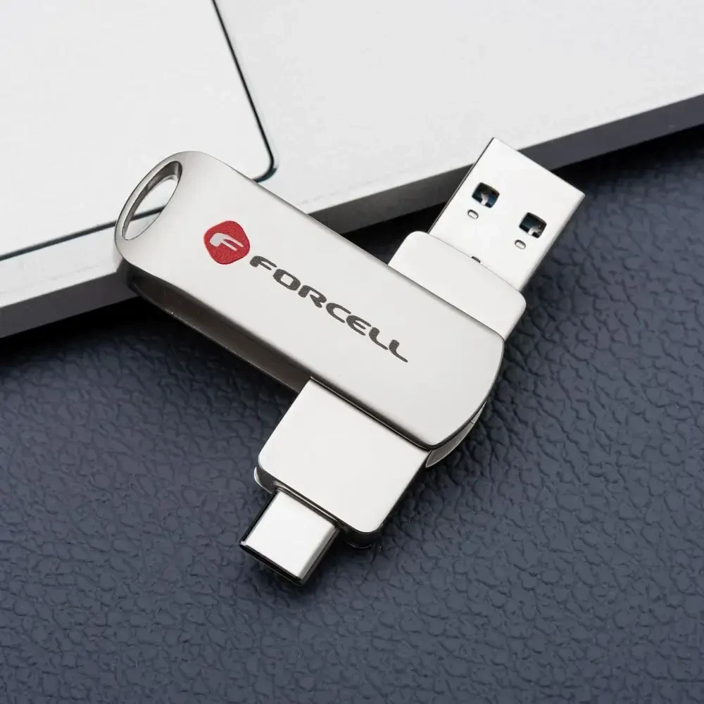 Pendrive 128GB USB 3.2 Gen 1 (USB A / USB C) Forcell F-Data Metal Duo sidabrinis