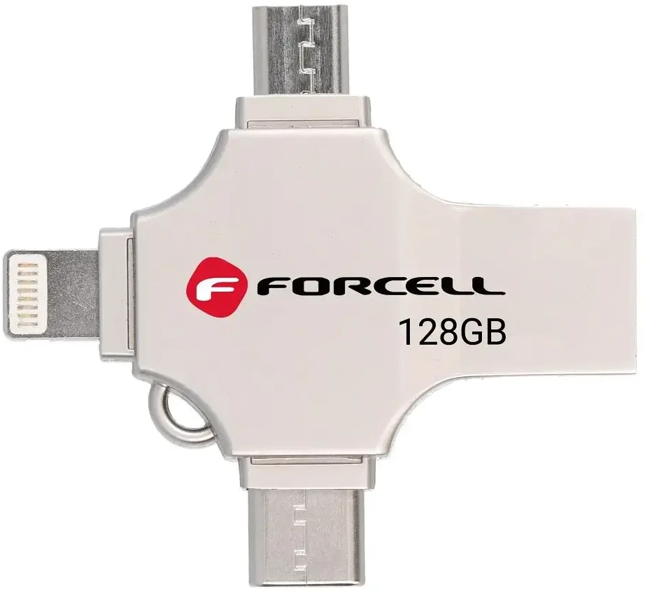USB atmintinė 128GB USB 3.2 Gen 1 (USB A / USB C / Lightning / Micro USB) Forcell F-Data Metal Quad sidabrinas