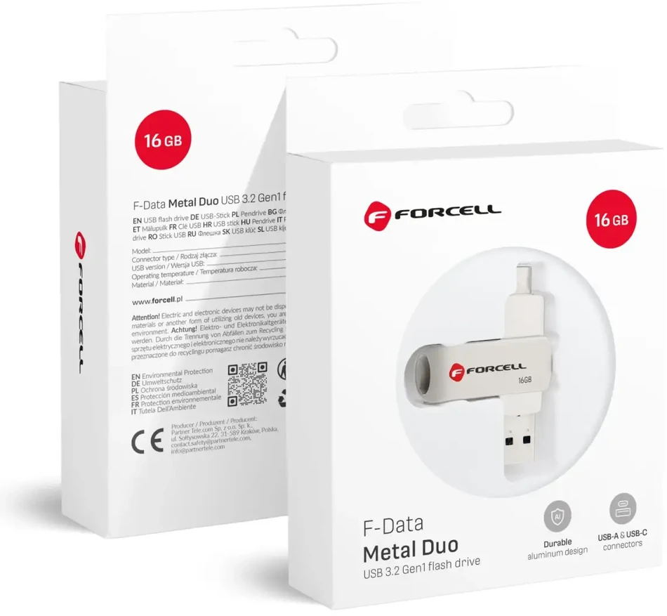 Pendrive 16GB USB 3.2 Gen 1 (USB A / USB C) Forcell F-Data Metal Duo sidabrinis