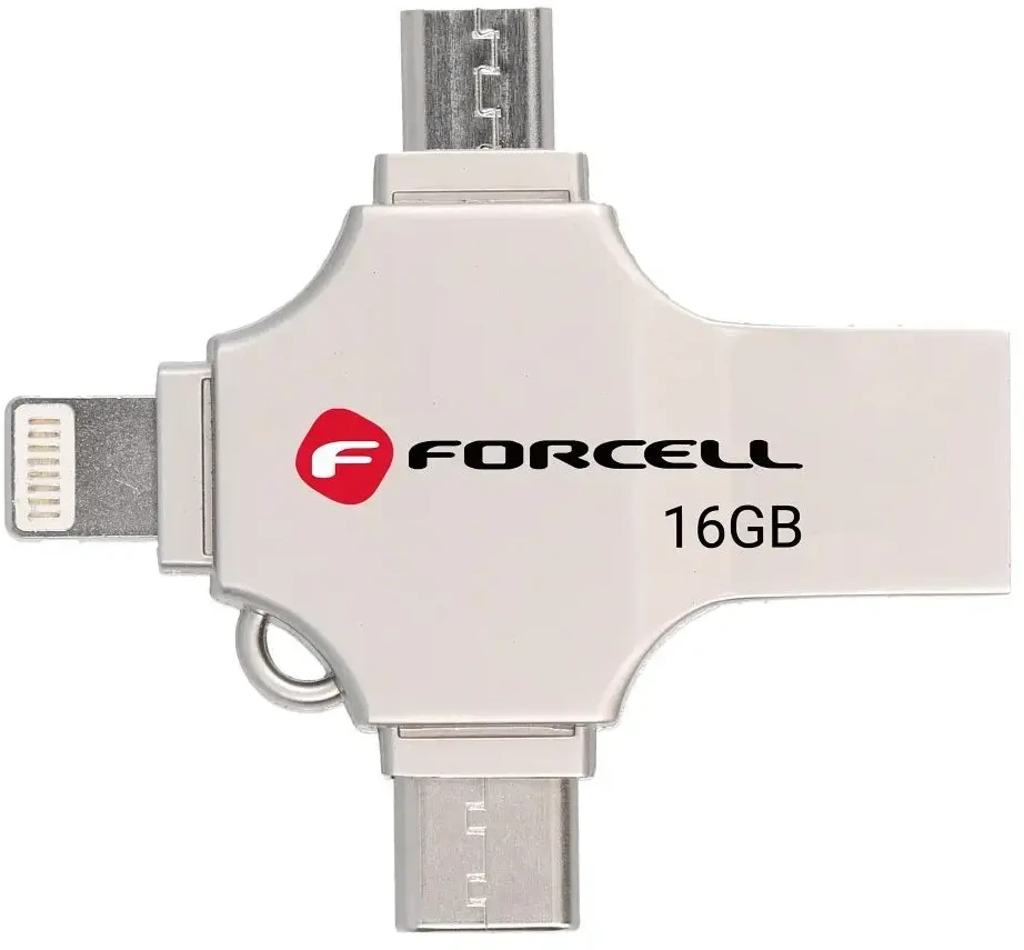 USB atmintinė 16 GB USB 3.2 Gen 1 (USB A / USB C / Lightning / Micro USB) Forcell F-Data Metal Quad sidabrinas