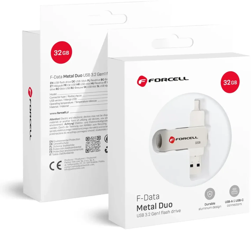 Pendrive 32GB USB 3.2 Gen 1 (USB A / USB C) Forcell F-Data Metal Duo sidabrinis