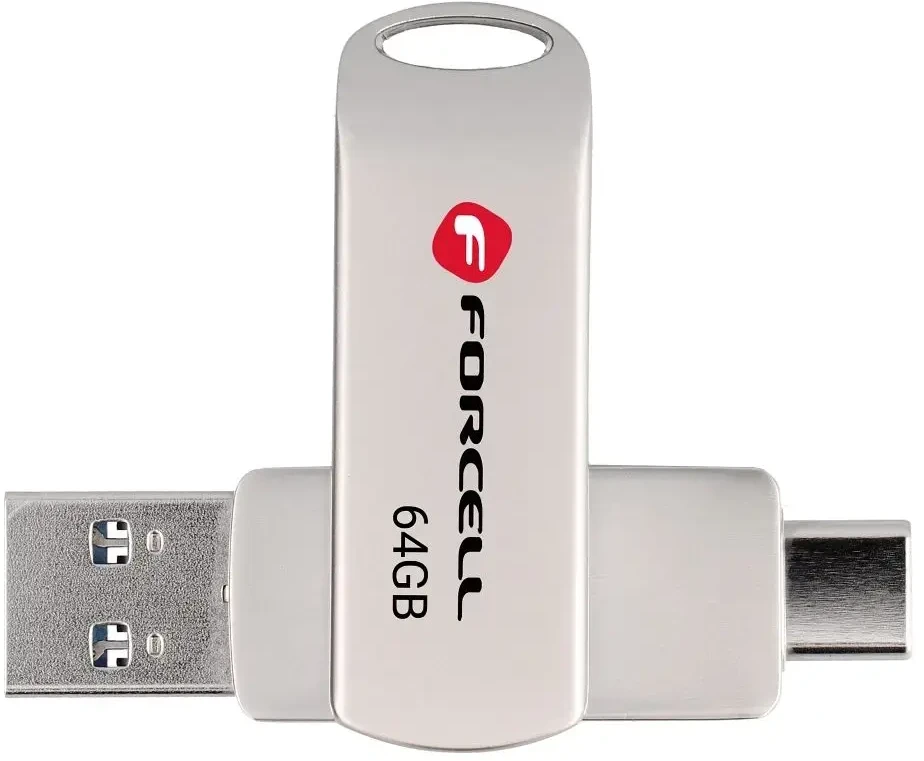 Pendrive 64GB USB 3.2 Gen 1 (USB A / USB C) Forcell F-Data Metal Duo sidabrinis