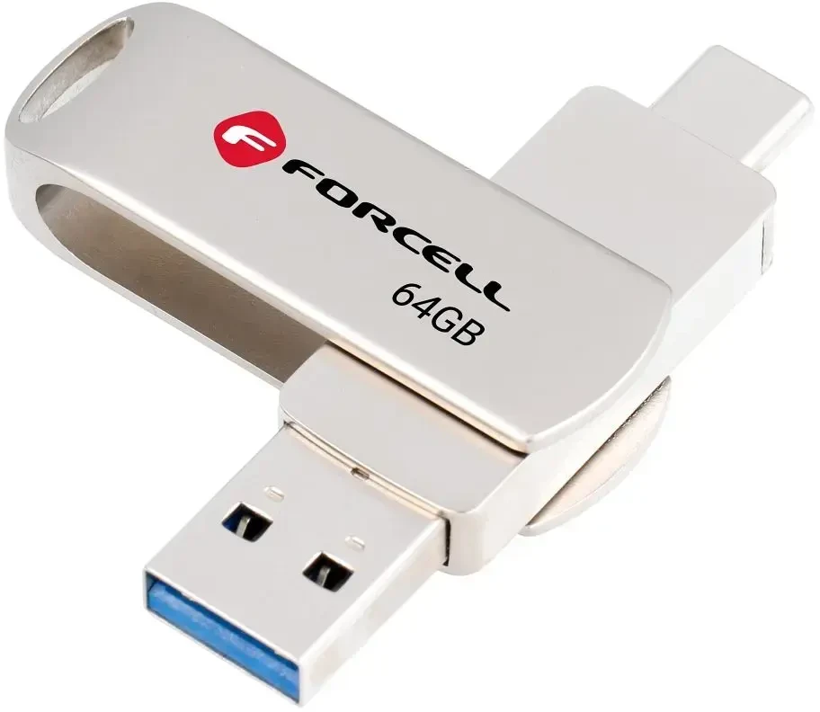 Pendrive 64GB USB 3.2 Gen 1 (USB A / USB C) Forcell F-Data Metal Duo sidabrinis