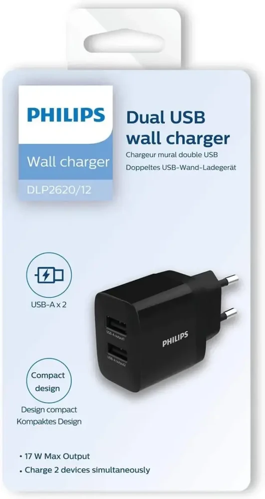 Philips DLP2620/12 USB 17W | 2.4A Juodas