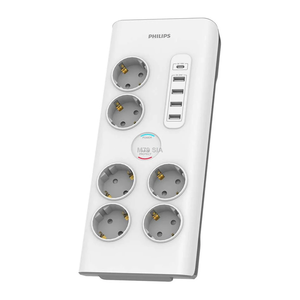 Philips Apsauga nuo viršįtampių SPN7060WA/58, 6 lizdai, 2 m maitinimo laidas, 1 x C tipo prievadas, maks. 15 W išvestis, 4 x A tipo jungtys, maks. 20 W išėjimas, 900 džaulių apsauga nuo viršįtampių