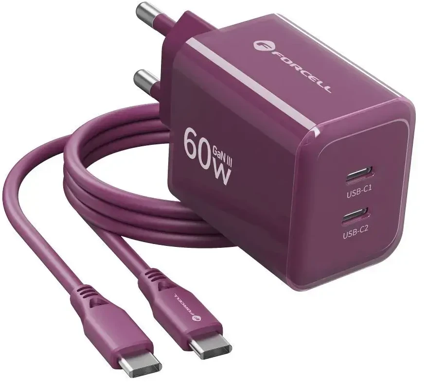 Telefono įkroviklis Forcell F-Energy GaN III Crystal Color 2x USB C AVS SSFC3.0 60W + silikoninis laidas USB C į USB C VT-60 bordo