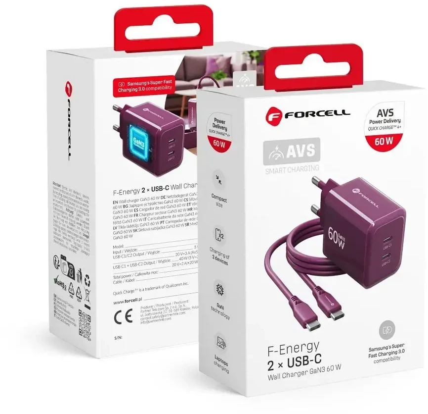 Telefono įkroviklis Forcell F-Energy GaN III Crystal Color 2x USB C AVS SSFC3.0 60W + silikoninis laidas USB C į USB C VT-60 bordo