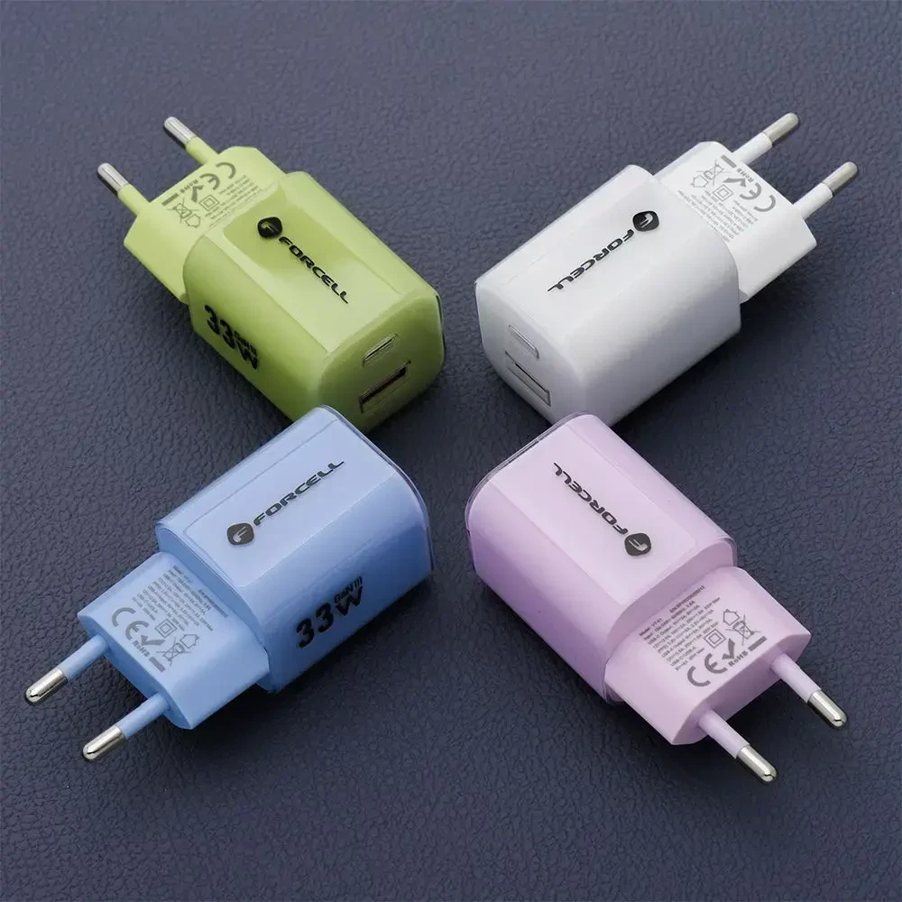 Telefono įkroviklis Forcell F-Energy GaN III Crystal Color USB C + USB A QC4.0 PD 33W + silikoninis laidas USB C į USB C VT-41 baltas 0INT