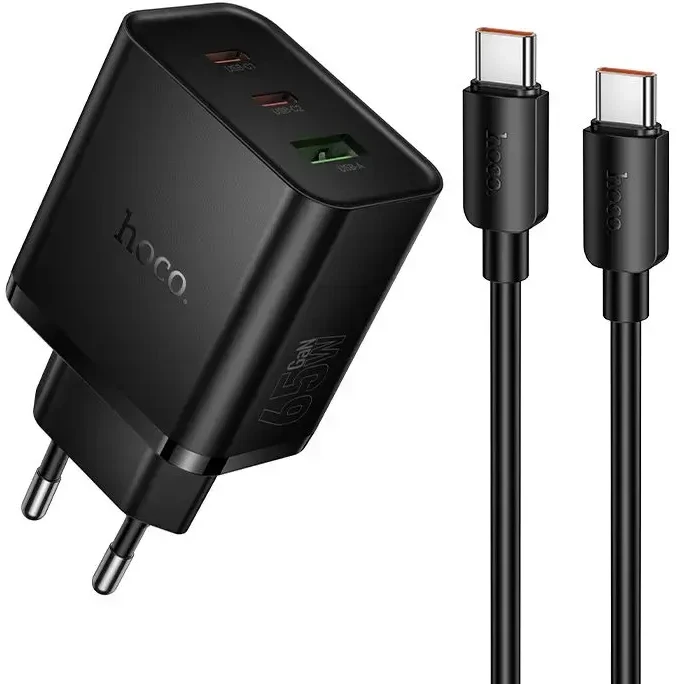 Telefono įkroviklis Hoco 2x USB C + USB A QC3.0 PD 3A 65W + duomenų kabelis USB C į USB C N75 juodas