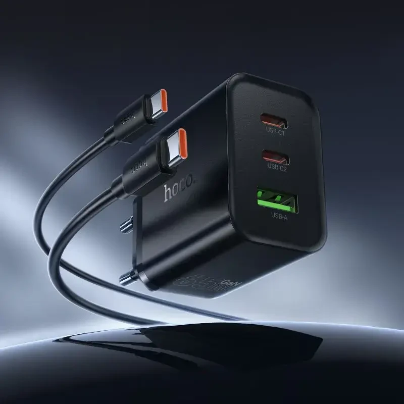 Telefono įkroviklis Hoco 2x USB C + USB A QC3.0 PD 3A 65W + duomenų kabelis USB C į USB C N75 juodas