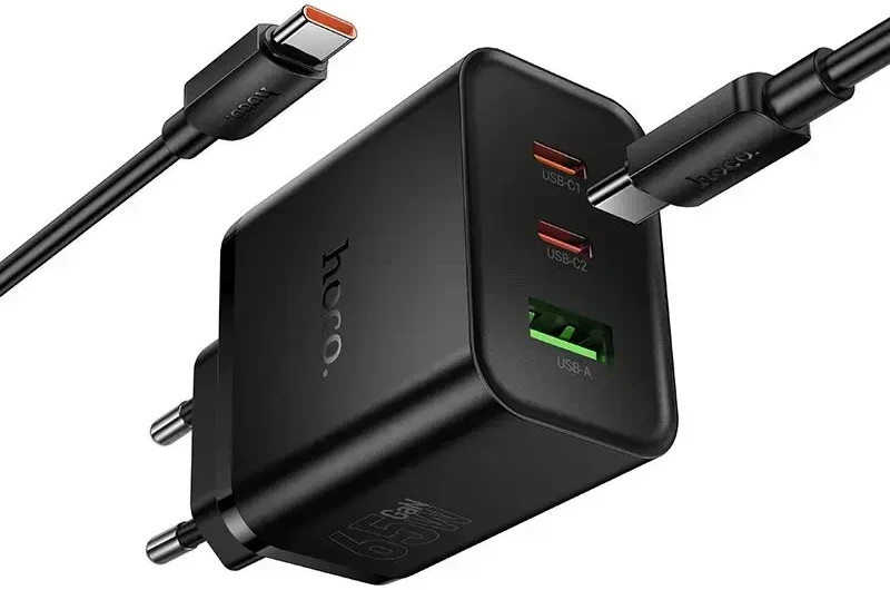Telefono įkroviklis Hoco 2x USB C + USB A QC3.0 PD 3A 65W + duomenų kabelis USB C į USB C N75 juodas