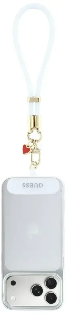 Telefono pakabukas Guess Wrist Strap Silicone Script Charms baltas