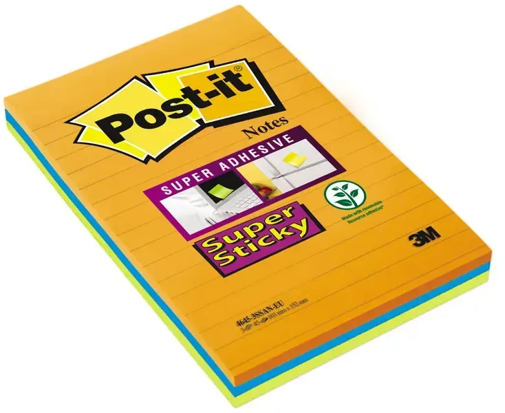 Lipnūs lapeliai 3M Post-it® Super Sticky Large 101mmx152mm 3 vnt. po 45 lapelius linijomis