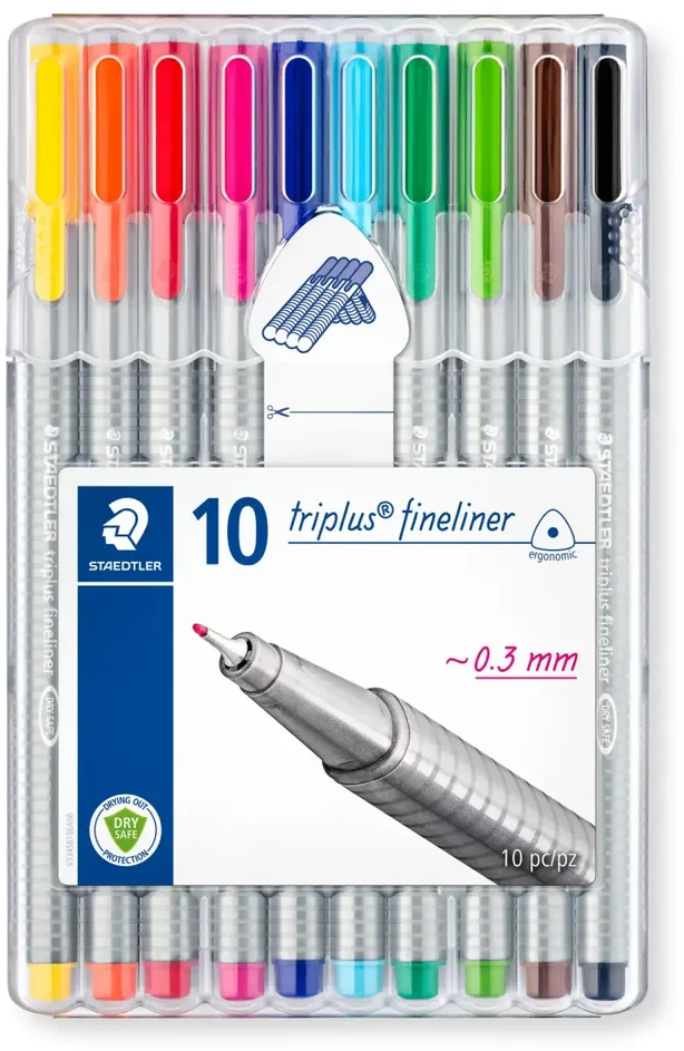 „Staedtler Fiber Fineliner“ TRIPLUS FINELINER, 10 spalvų dėklas (STA149)