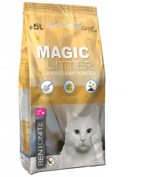 Placek Kačių kraikas - „Magic Litter Bentonite Ultra Baltas“ kūdikių pudra, 5 l