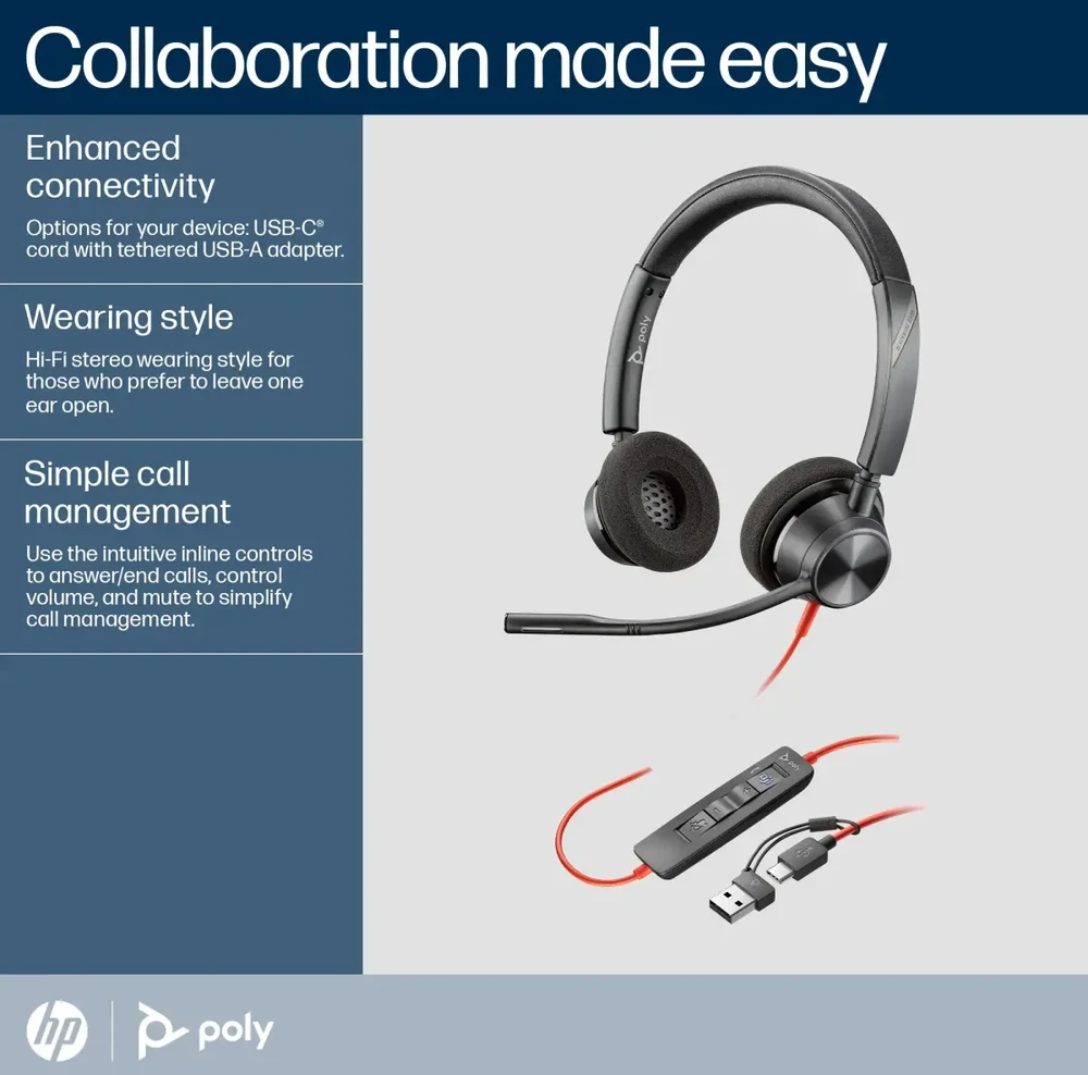 Hewlett Packard (HP) HP Poly Blackwire 3320 stereo ausinės su Microsoft Teams sertifikatu, USB-C + USB-C/A adapteris