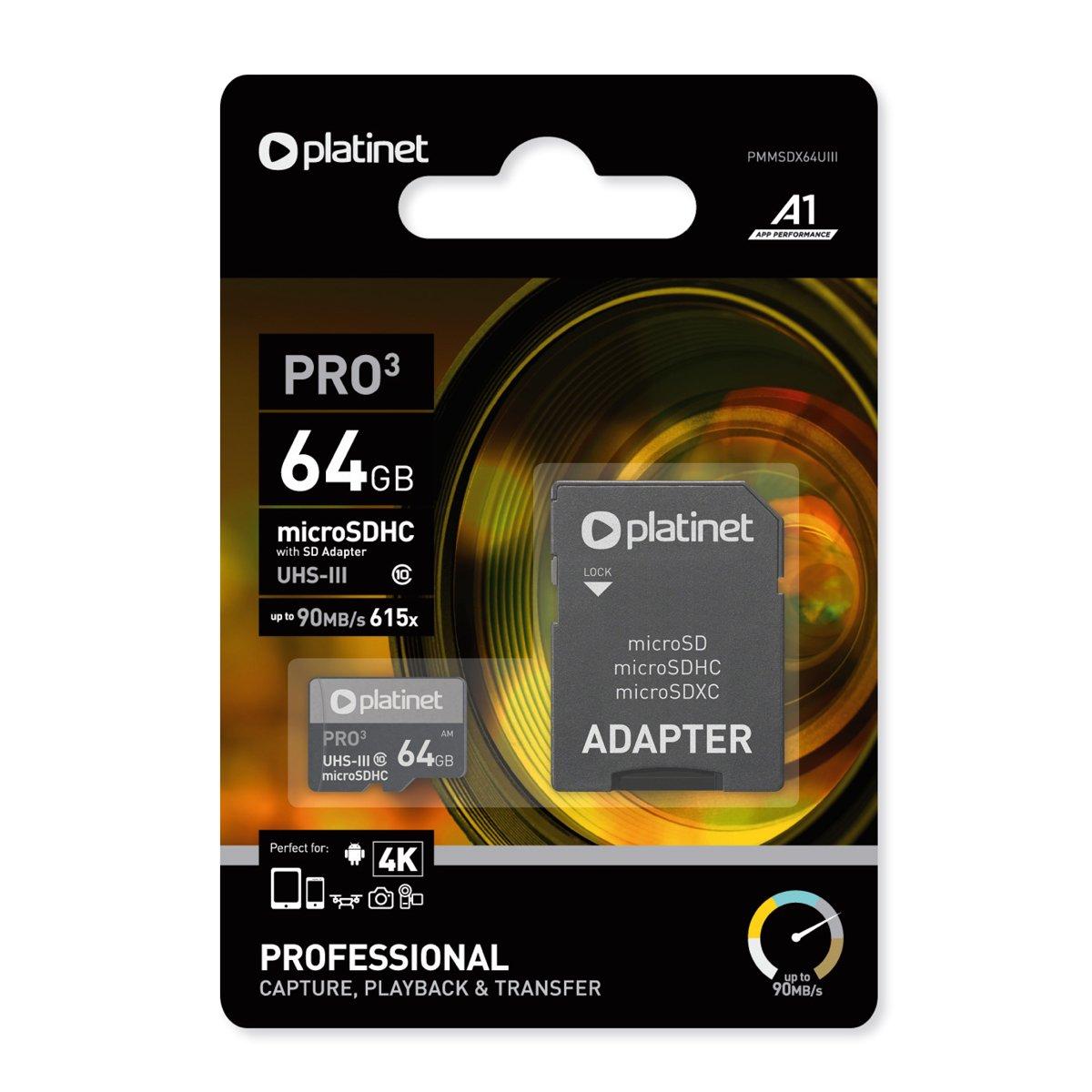 Atminties kortelė Atminties korta Platinet MicroSD 64GB (class10 UHS-III 90MB/S) + SD Adapteris