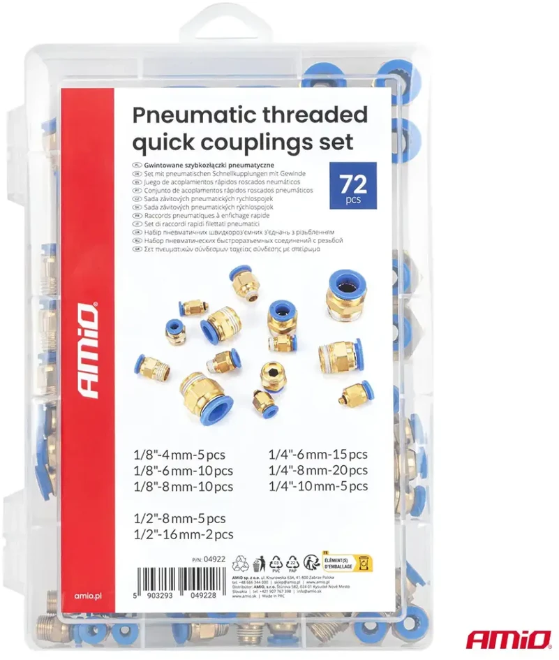 Pneumatinių srieginių greitųjų jungčių rinkinys, 4–16 mm, 72 vnt., AMIO-04922
