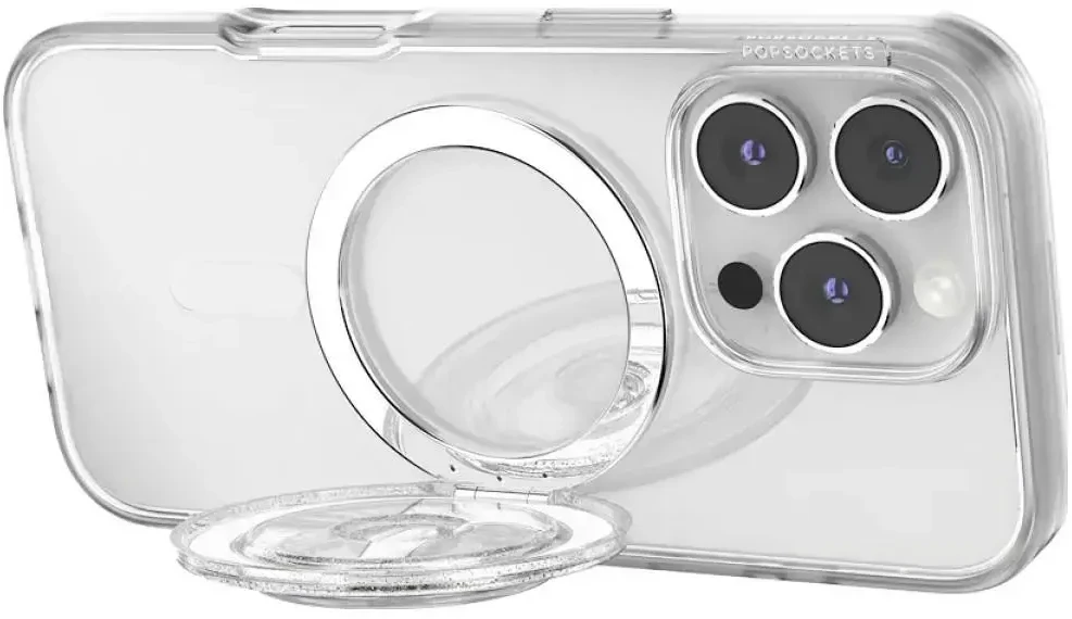 „PopSockets Kick-Out Grip“ blizgučiais aprūpintas „MagSafe“ telefono laikiklis ir stovas