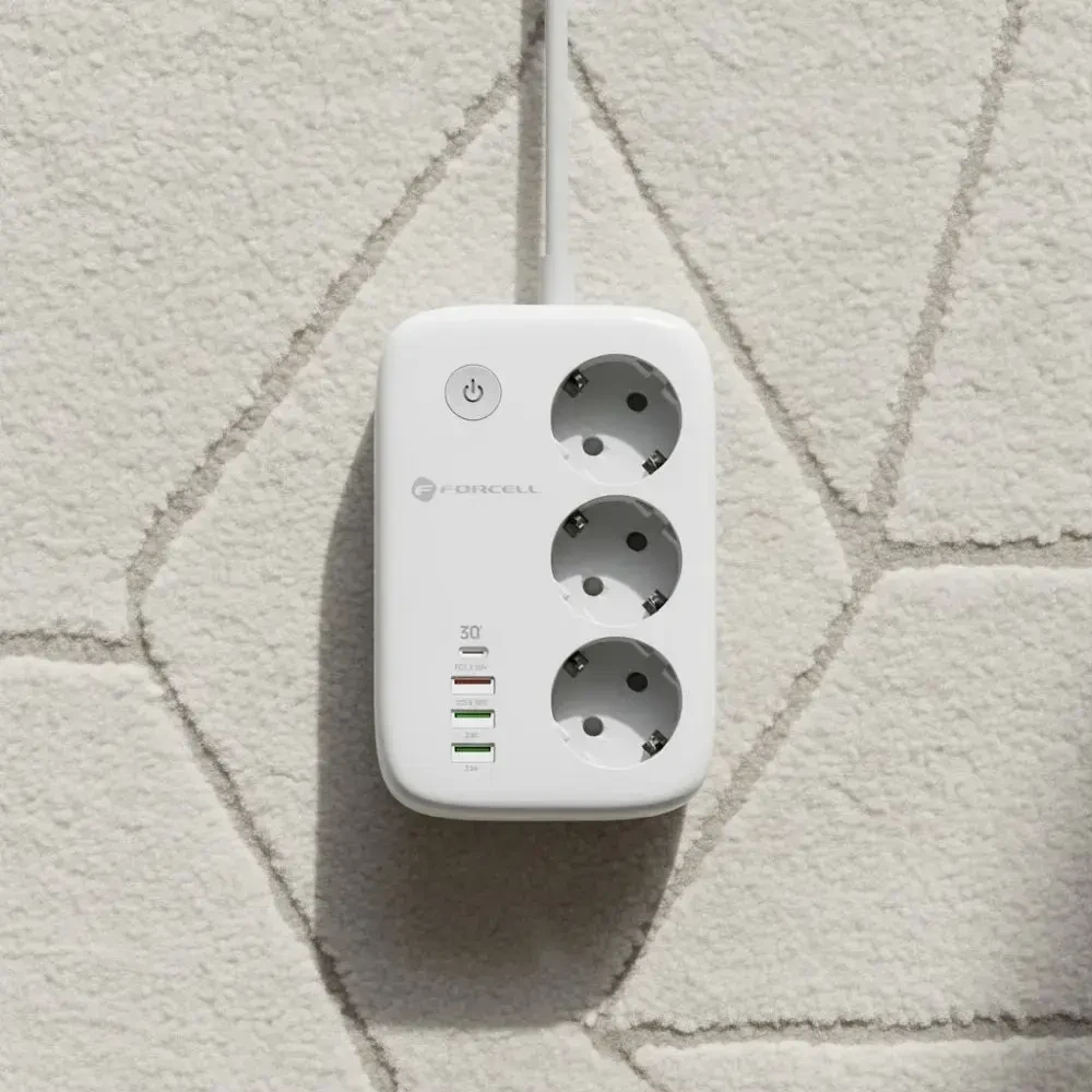Power strip Forcell F-Energy 3 sockets + USB C 30W + 3 x USB A QC3.0 PD + WiFi Tuya, SmartLife, Alexa 10A 2500W VT-PS03 baltas