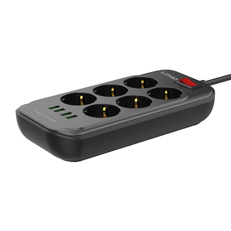 Ilgintuvas su 6 AC lizdais 4x USB LDNIO 2m - juoda