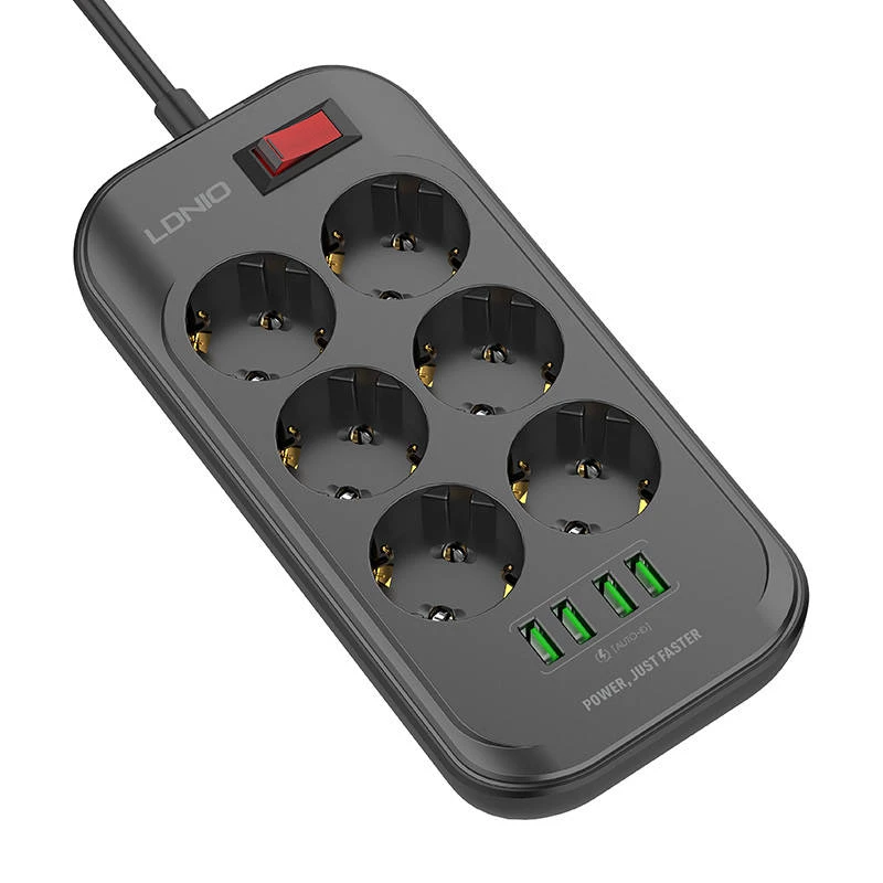 Ilgintuvas su 6 AC lizdais 4x USB LDNIO 2m - juoda