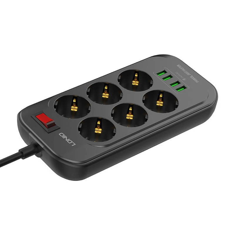 Ilgintuvas su 6 AC lizdais 4x USB LDNIO 2m - juoda