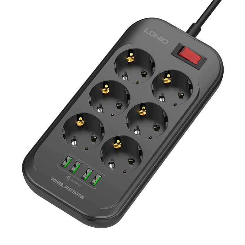 Ilgintuvas su 6 AC lizdais 4x USB LDNIO 2m - juoda