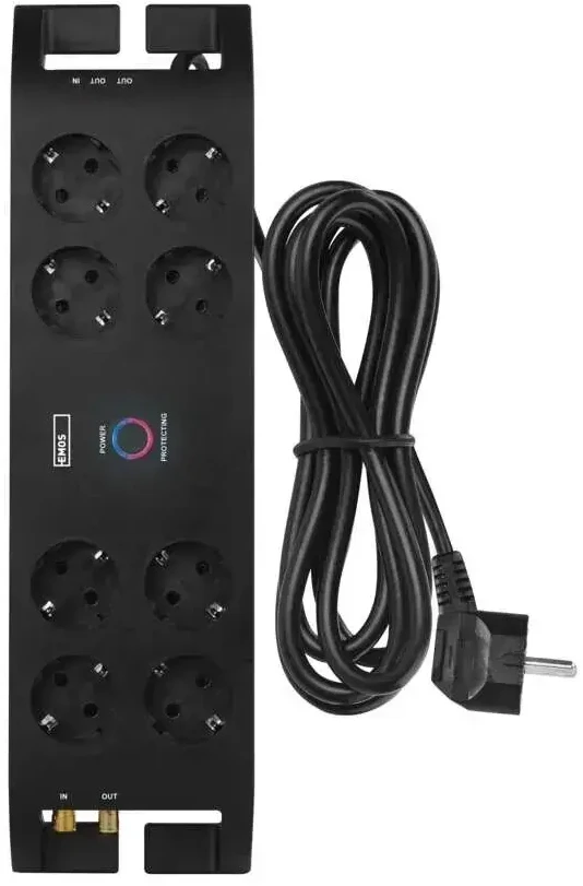 Ilgiklis su apsauga nuo viršįtampių (1800J) 8 lizdų, 3m, TV antenos (IEC), RJ45 apsaugos, juodas EMOS