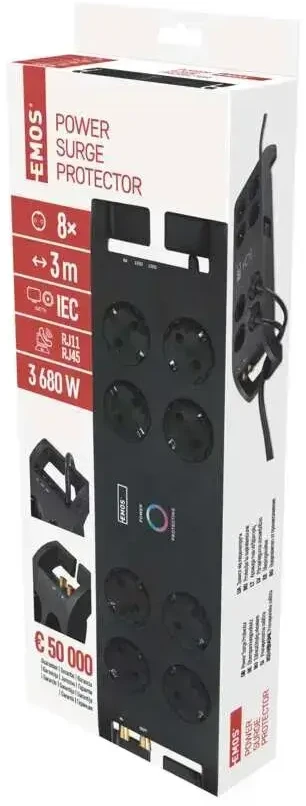 Ilgiklis su apsauga nuo viršįtampių (1800J) 8 lizdų, 3m, TV antenos (IEC), RJ45 apsaugos, juodas EMOS