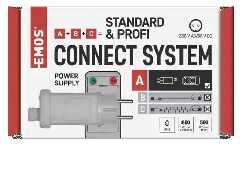 LED šviesos girliandų EMOS CONNECTING matinimo šaltinis, 30Vdc, 12W, su pulteliu, IP44, EMOS