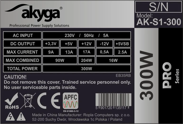 Maitinimo šaltinis Akyga PRO AK-S1-300 (300 W, pasyvus, 80 mm)