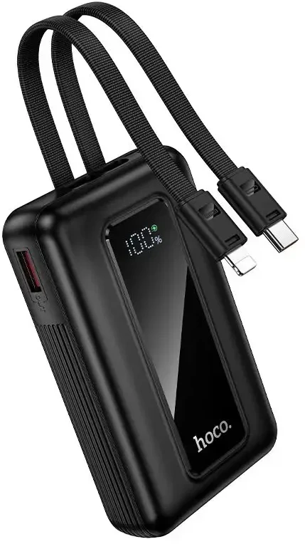 Powerbank 10000 mAh QC PD 22,5W with built-in cables USB C+ Lightning Hoco J162 juodas