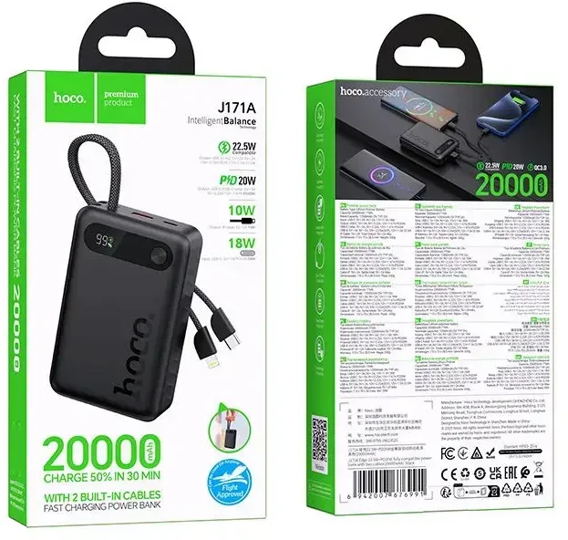 Powerbank 10000 mAh QC PD 2A 22,5W with built-in cables USB C + Lightning Hoco J171 Edge juodas