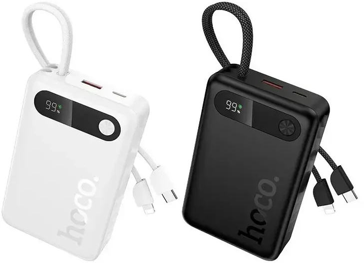Powerbank 10000 mAh QC PD 2A 22,5W with built-in cables USB C + Lightning Hoco J171 Edge baltas