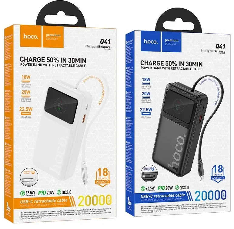 Powerbank 20000 mAh QC PD 22,5W 2A with built-in telescopic cable USB C Hoco Q41 baltas