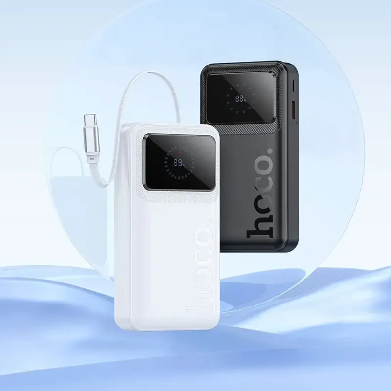 Powerbank 20000 mAh QC PD 22,5W 2A with built-in telescopic cable USB C Hoco Q41 baltas