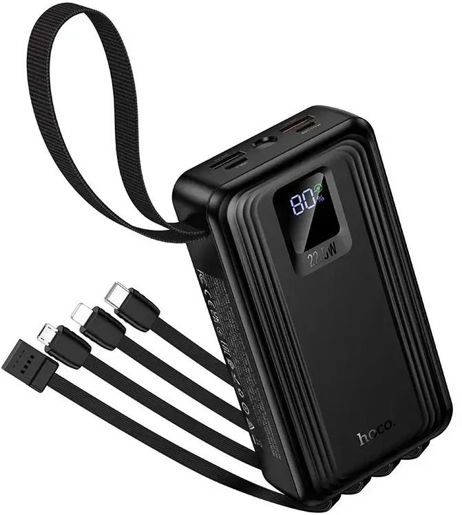 Powerbank 20000 mAh QC PD 22,5W with built-in cables USB A + USB C+ Lightning + Micro USB and two lights Hoco J173 juodas