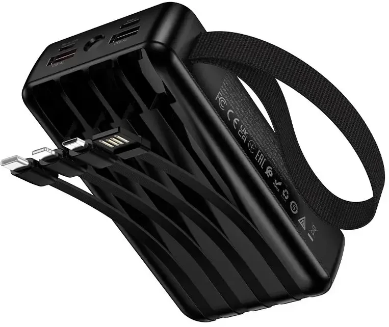 Powerbank 20000 mAh QC PD 22,5W with built-in cables USB A + USB C+ Lightning + Micro USB and two lights Hoco J173 juodas