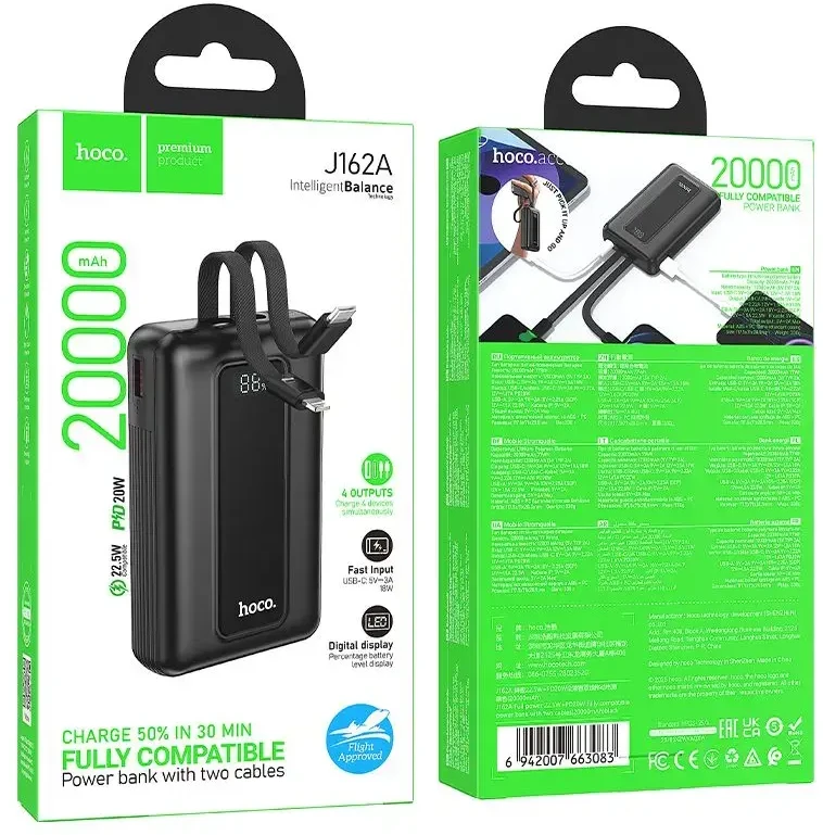 Powerbank 20000 mAh QC PD 22,5W with built-in cables USB C+ Lightning Hoco J162A juodas