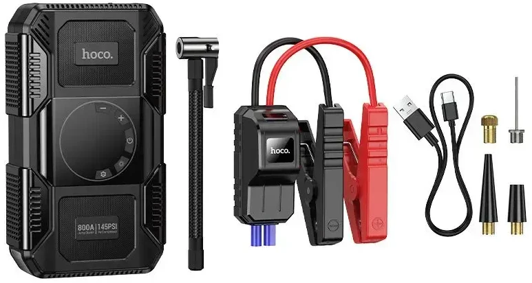 Powerbank 8000 mAh 2,4A 18W with a car jump-start function and air pump Hoco QS6 juodas