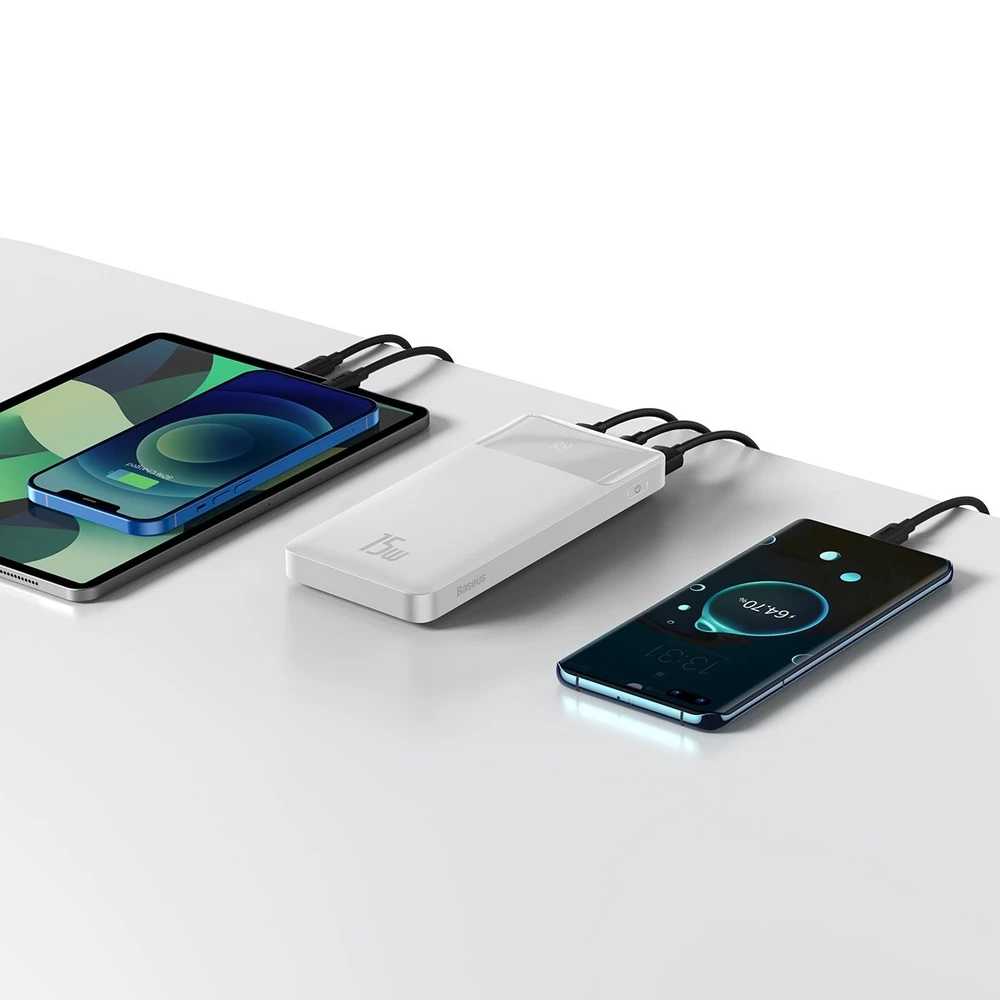LiPo išorinis akumuliatorius (Powerbank) 10000mAh 15W 5V 3A 2xUSB + USB C Bipow baltas BASEUS